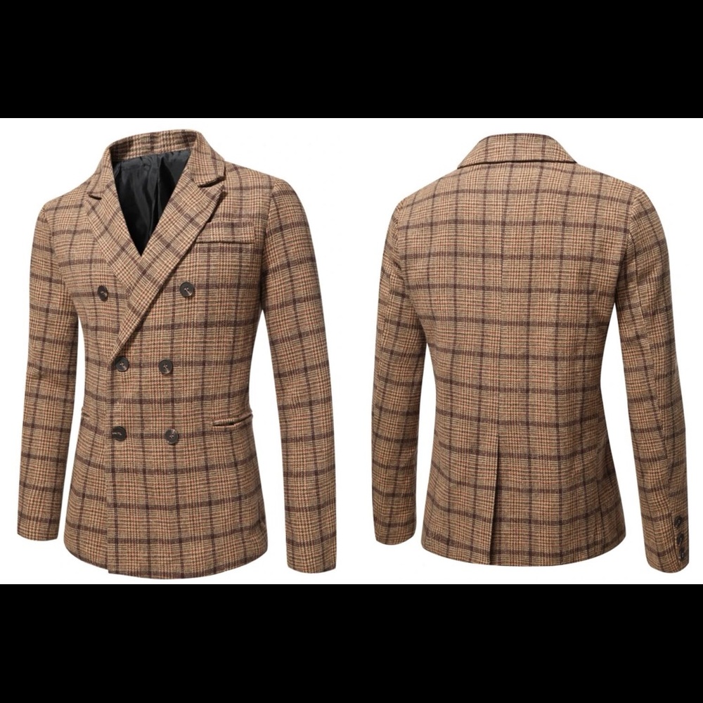 Plaid Double Breasted Lapel Neck Slit Back Overcoat
